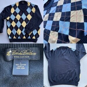 Vintage Brooks Brothers Argyle‎ Sweater Men's L Navy Yellow 100% Pima Cotton